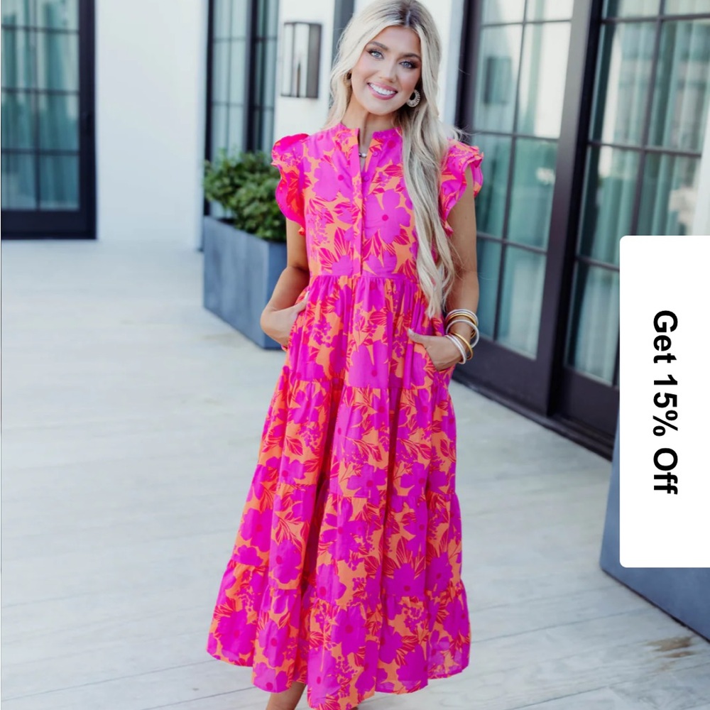 KARLIE - pink floral tropical button maxi dress - Medium